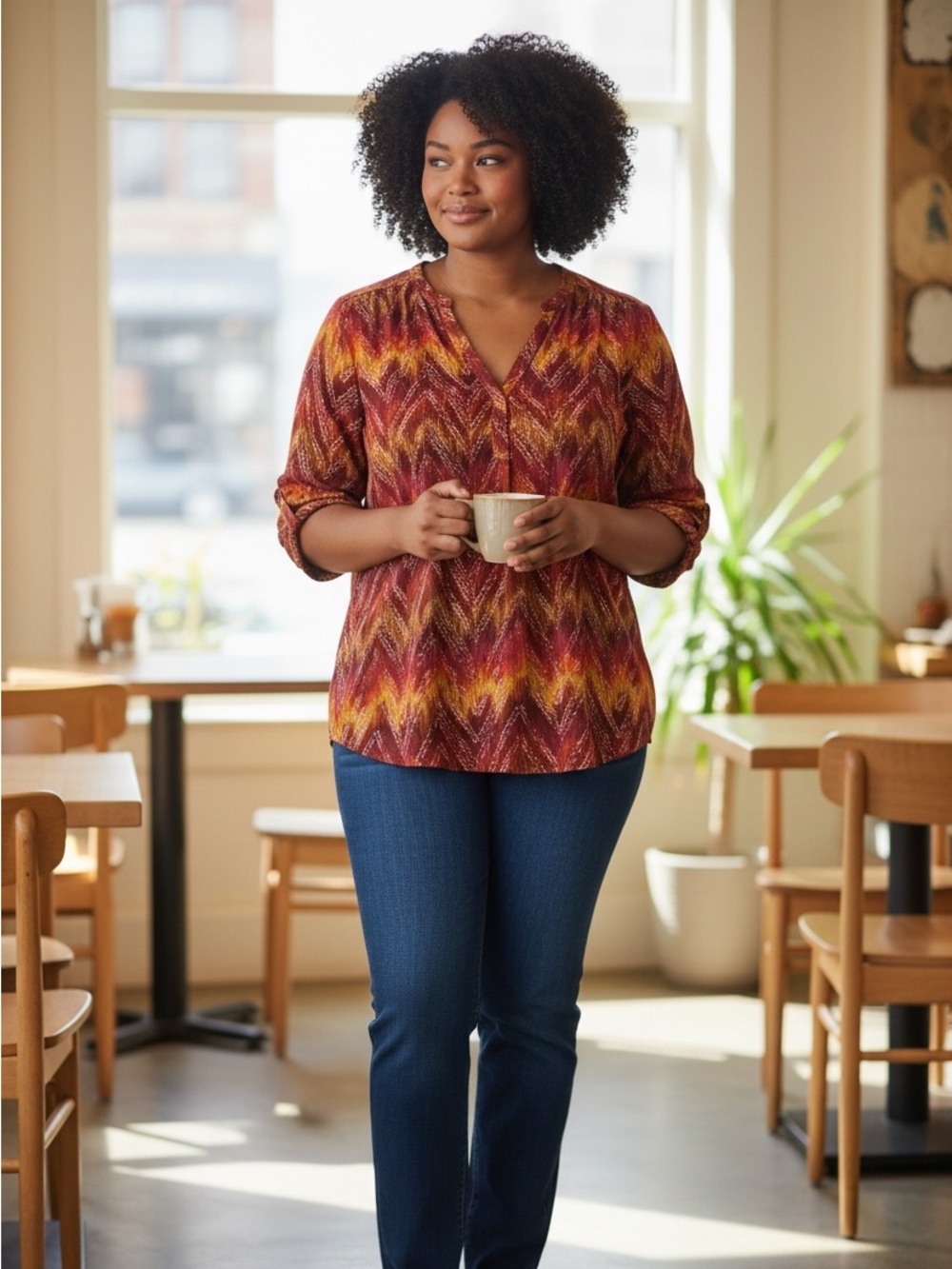Faded Glory Women's Red and Yellow Chevron Blouse